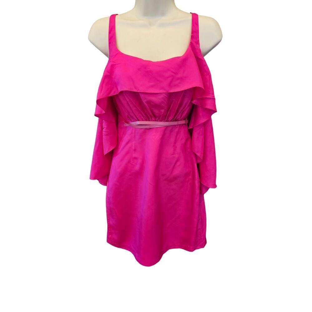 Susana Monaco Silk Fuchsia Ruffle Collar Strappy Mini Belted Dress Size 4